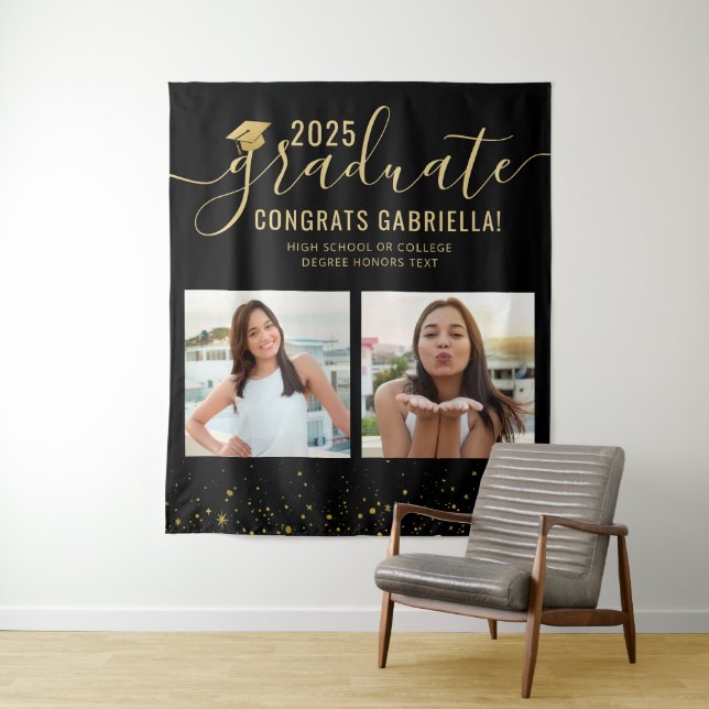 Photo Collage Graduation Black Booth Backdrop Tapestry (In Situ)