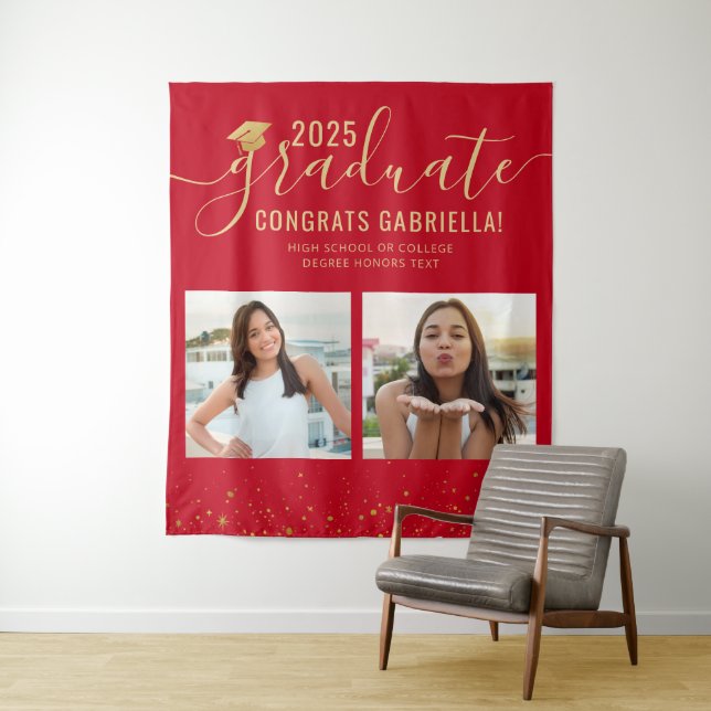 Photo Collage Graduation Black Booth Red Backdrop Tapestry (In Situ)