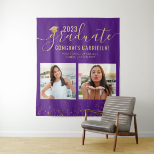 Photo Collage Graduation Booth Backdrop Purple Tapestry