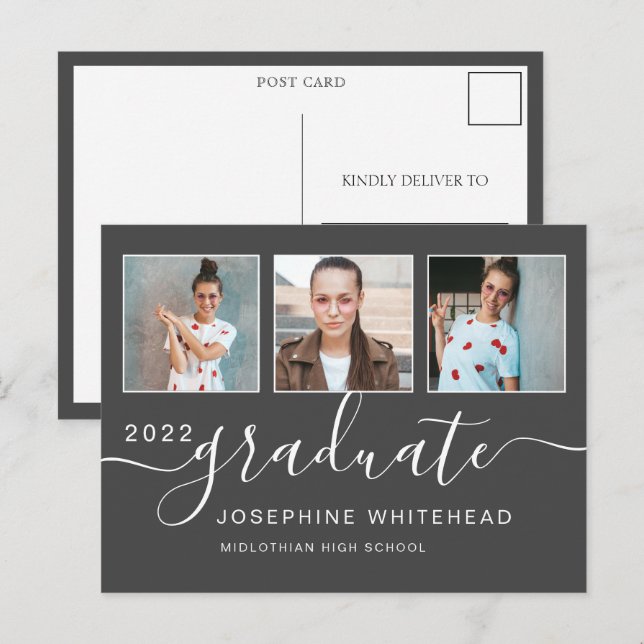 Photo Collage Graduation Minimal Dark Grey Postcard (Front/Back)