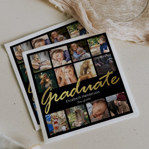 Photo Collage Graduation Party Black Gold Napkin