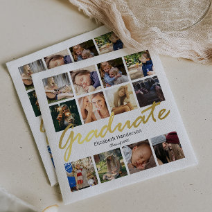 Photo Collage Graduation Party White Gold Napkin