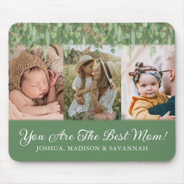 Photo Collage Green and Gold Best Mom Mouse Pad (Front)