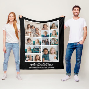 Photo Collage Grid - 14 photos script - black Fleece Blanket