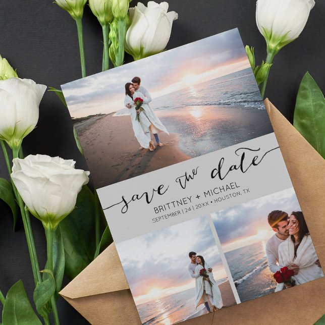 Photo Collage Handwritten Grey Save the Date Announcement (Creator Uploaded)