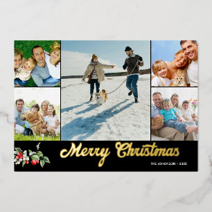 Photo Collage Handwritten Merry Christmas Foil Holiday Card
