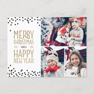 Photo Collage Holiday Card Design White Black Gold