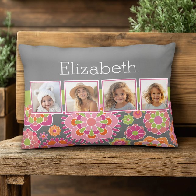 Photo Collage Hot Pink and Orange Flowers Decorative Pillow (Custom Pillow)