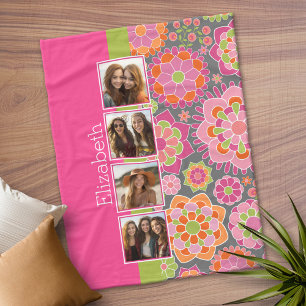 Photo Collage Hot Pink and Orange Flowers Fleece Blanket