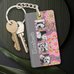 Photo Collage Hot Pink and Orange Flowers Keychain<br><div class="desc">A great way to display your square photos from your online account.  A fun floral pattern design highlights the pics.</div>