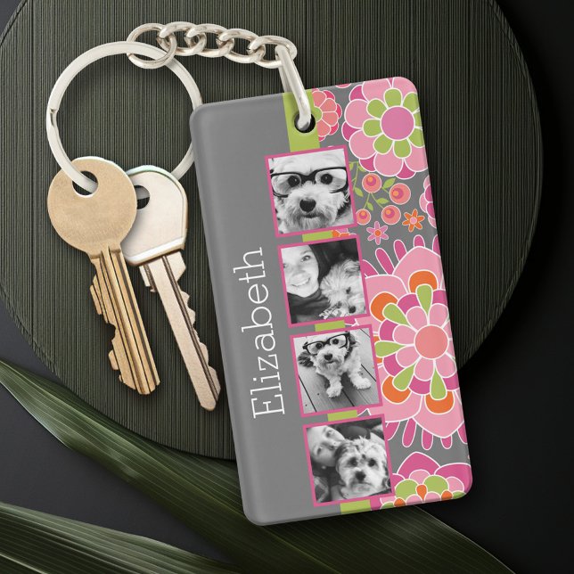 Photo Collage Hot Pink and Orange Flowers Keychain (Personalized Keychain with a photo collage)