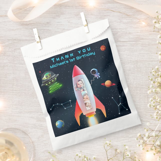 Photo Collage Huge One | 1st Birthday Rocket Space Favour Bag (Clipped)
