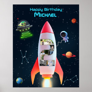 Photo Collage Huge Two   2nd Birthday Space Rocket Poster