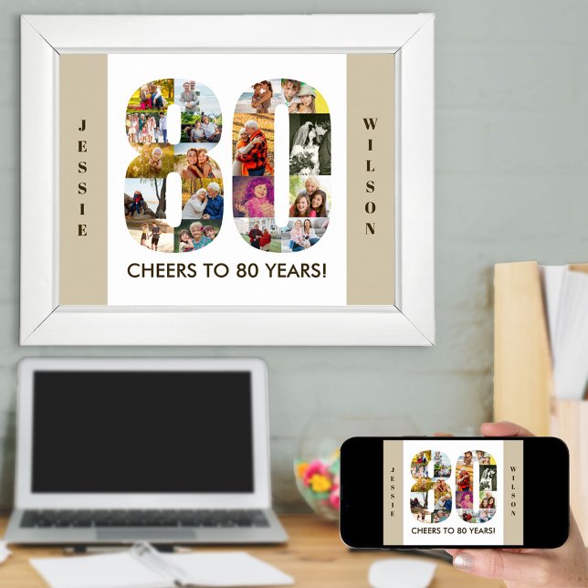 Photo Collage in Number 80 Neutral 80th Birthday Poster (Creator Uploaded)