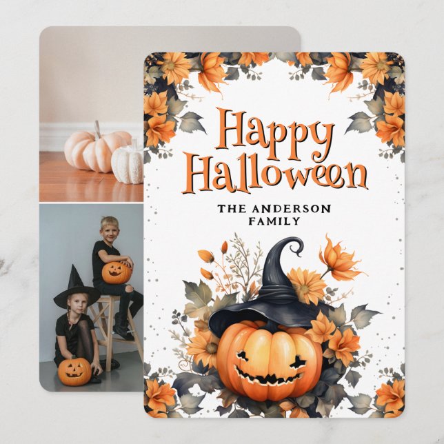 Photo Collage Jack O’Lantern Floral Halloween Card (Front/Back)