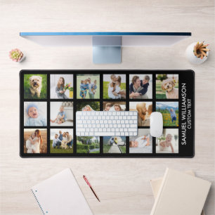 Photo Collage Many Pictures Custom Text Black Desk Mat