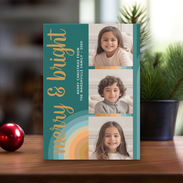 Photo Collage - Merry and Bright Curvy Line Art Holiday Card (Online Christmas Card - Print and Download Options)