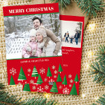 Photo collage Merry Christmas red green retro tree Holiday Card<br><div class="desc">Photo collage Merry Christmas red midcentury retro minimalist style holiday card,  3 picture a horizontal and 2 square with personalized greeting text editable template invitation instant digital download,  green retro Christmas trees red background</div>