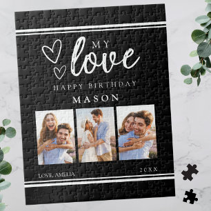 Photo Collage Modern Black Happy Birthday Jigsaw Puzzle