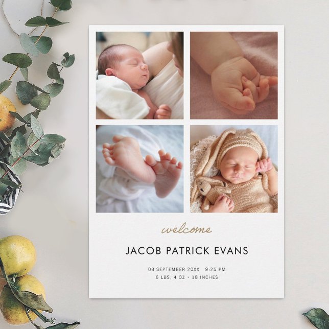 Photo Collage Modern Gold Script Boy Girl Birth Announcement (Creator Uploaded)