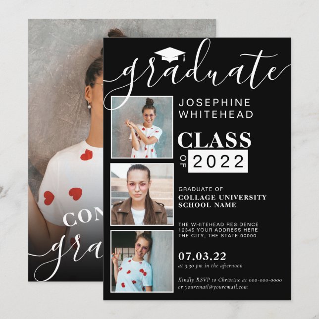 Photo Collage Modern Graduation Party Black 2022 Invitation (Front/Back)