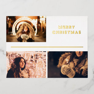 Photo Collage Modern Merry Christmas Gold  Foil Holiday Postcard