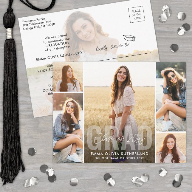 Photo Collage Modern Overlay Class Year Graduation Announcement Postcard (Creator Uploaded)