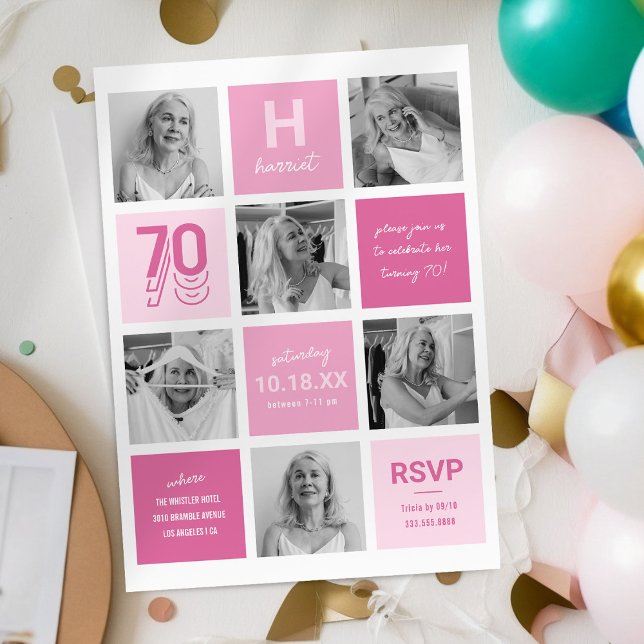 Photo Collage Modern Pink 70th Birthday Invitation (Creator Uploaded)