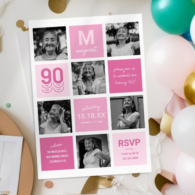 Photo Collage Modern Pink 90th Birthday Invitation (Creator Uploaded)