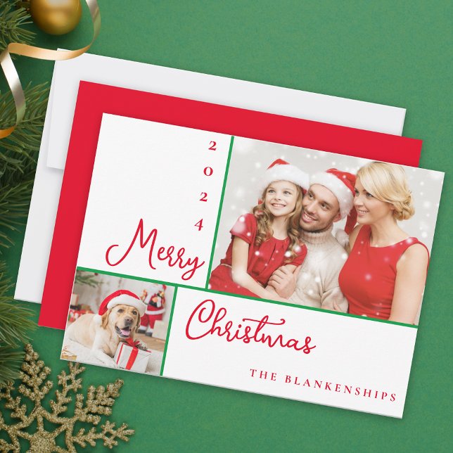 Photo Collage Modern Red Script Christmas Holiday Card (Creator Uploaded)