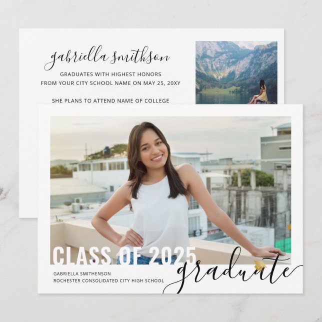 Photo Collage Modern Script Graduation Open House  Announcement (Front/Back)