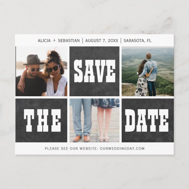 Photo collage modern typography save date wedding announcement postcard (Front)