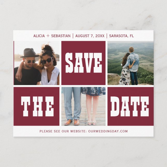 Photo collage modern typography save date wedding announcement postcard (Front)