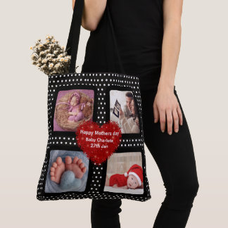 Photo collage mom mother black polka dot red heart tote bag