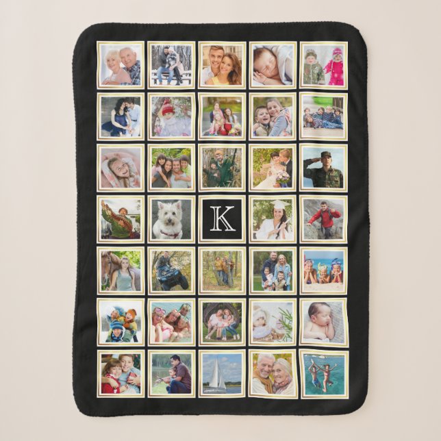 Photo Collage Monogram Black Gold Frame 34 Pics Sherpa Blanket (Front)