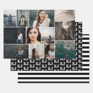 Photo Collage Monogram Black White Wrapping Paper Sheet