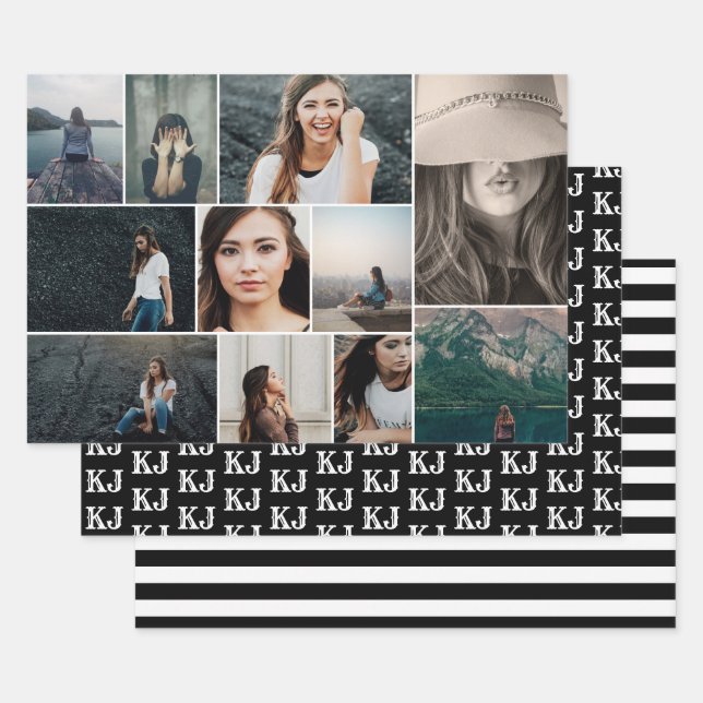 Photo Collage Monogram Black White Wrapping Paper Sheet (Set)