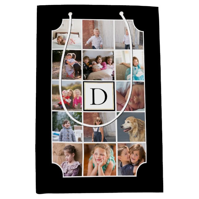 Photo collage monogram curved corners black medium gift bag (Front)