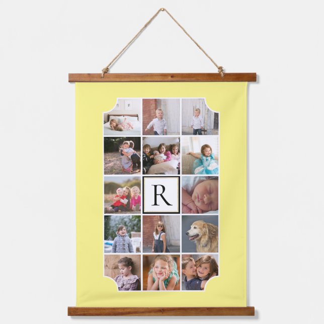 Photo collage monogram curved corners light yellow hanging tapestry (Front)