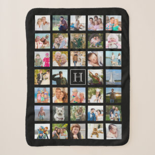 Photo Collage Monogram Editable Black Sherpa Blanket