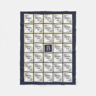 Photo Collage Monogram Gold Frame Editable Blue Fleece Blanket