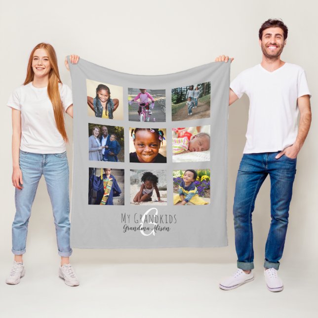 Photo Collage Monogram Grandparent Grandkids Grey Fleece Blanket (In Situ)