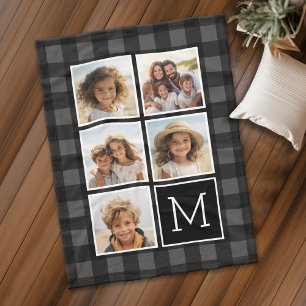 Photo Collage - Monogram Grey Black Buffalo Plaid Fleece Blanket