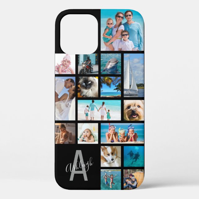 Photo Collage Monogram Name 17 Photos Black Case-M Case-Mate iPhone Case (Back)