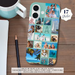Photo Collage Monogram Name 17 Photos Mint Green iPhone 16 Case<br><div class="desc">Carry 17 of your favourite photos on this custom background colour cell phone case with a photo collage of a variety of shapes and sizes and personalized with your monogram and name in a modern script font over the initial (shown in shades of mint green, turquoise and teal). Change the...</div>