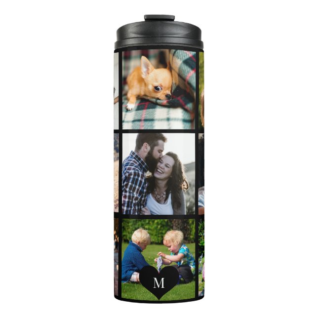 Photo collage monogram personalized modern black thermal tumbler (Front)