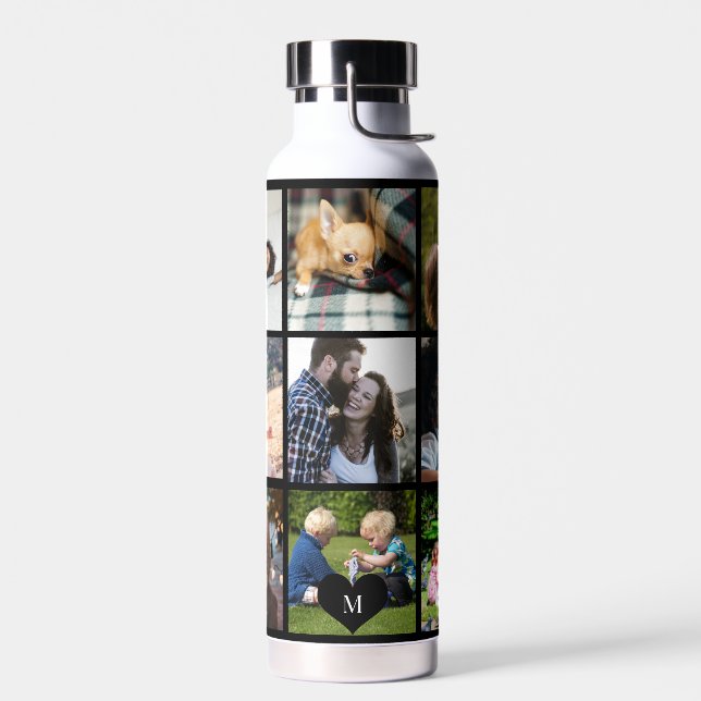 Photo collage monogram personalized modern black water bottle (Left)