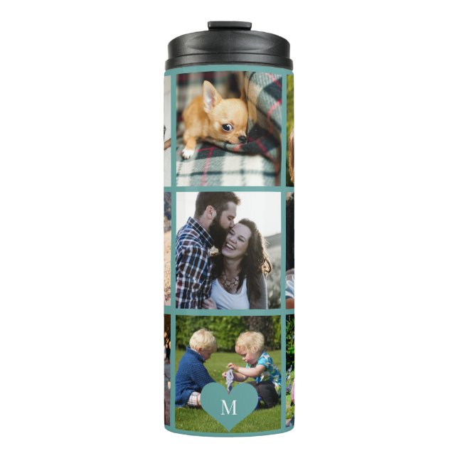 Photo collage monogram personalized modern green thermal tumbler (Front)