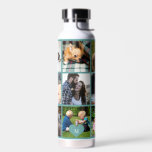 Photo collage monogram personalized modern green water bottle<br><div class="desc">Add 9 family, kids, pets or best friends photos and create your own beautiful collage grid water bottle with your monogram name initial inside a green heart. Easy to personalize with your custom square images and letter. It can be a nice thoughtful keepsake gift for a family member, friend or...</div>