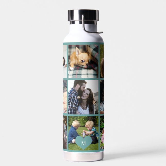 Photo collage monogram personalized modern green water bottle (Left)
